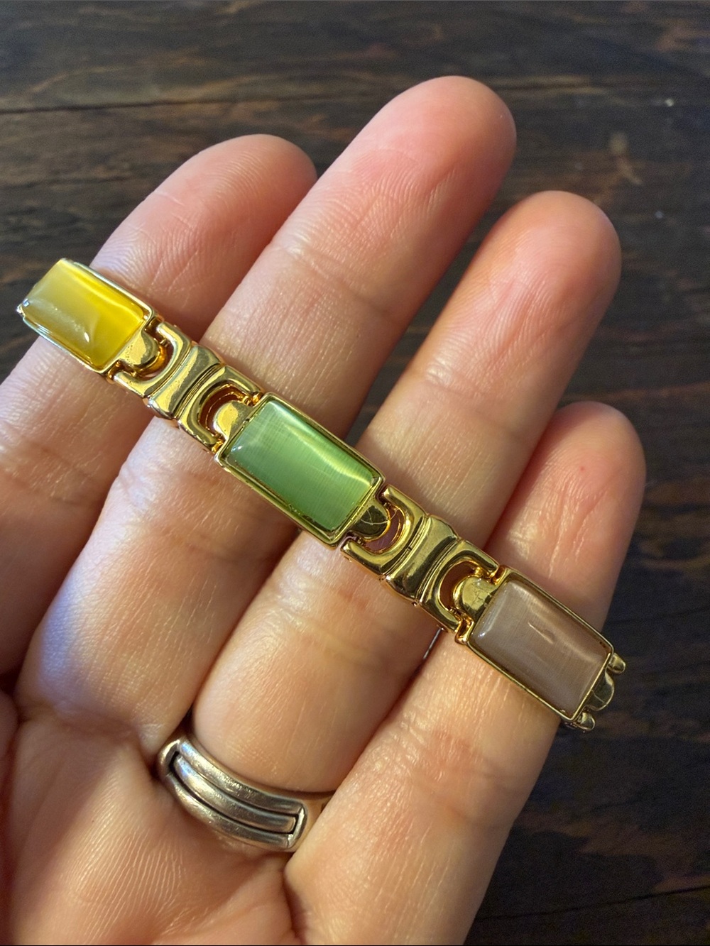 Gold Plated Magnetic Bracelet with Yellow, Green, and Taupe Inset Links